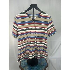 Alfred Dunner Womens Striped Ribbed Knit Button Front Top Floral Embroidery S